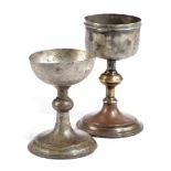 A WHITE METAL AND COPPER GOBLET POSSIBLY 17TH CENTURY AND LATER the rounded bowl with an applied