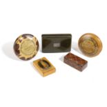 FIVE VICTORIAN SCOTTISH MAUCHLINE WARE SNUFF BOXES 19TH / EARLY 20TH CENTURY one with lattice