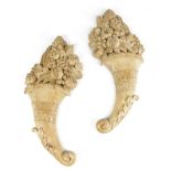 A LARGE PAIR OF CARVED PINE CORNUCOPIA WALL APPLIQUES LATE 19TH CENTURY with a profusion of fruit,