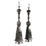 A PAIR OF JAPANESE BRONZE STANDARD LAMPS C.1900 decorated with dragons in relief and reticulated