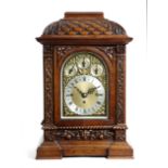 A VICTORIAN OAK CHIMING BRACKET CLOCK LATE 19TH CENTURY the brass eight day three train repeating