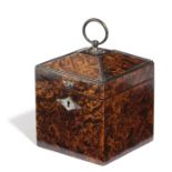 A FRENCH 'MULBERRY' TEA CADDY C.1800 the stained burr maple body of square section, with a pyramidal