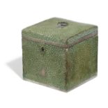 A SHAGREEN TEA CADDY 19TH CENTURY of cube form, with white metal mounts, the hinged cover