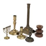 A COLLECTION OF SIX CANDLESTICKS 18TH CENTURY AND LATER including: a brass socket dwarf candlestick,