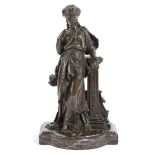A FRENCH BRONZE FIGURE OF A CLASSICAL MAIDEN LATE 19TH CENTURY standing before a plinth holding a