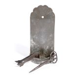 A PEWTER WALL SCONCE IN 18TH CENTURY STYLE with a fan top and a demi-lune base, together with an