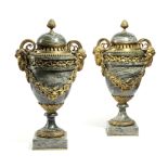 A PAIR OF FRENCH MAURIN GREEN MARBLE AND ORMOLU MOUNTED URNS AND COVERS IN LOUIS XVI STYLE, LATE