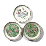 A PAIR OF CHINESE PORCELAIN FAMILLE ROSE DISHES 18TH CENTURY painted with pink chrysanthemum on