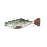 A FOLK ART PAINTED FISH DECOY 20TH CENTURY with two metal suspension rings 24.5cm long