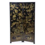 A GILT AND BLACK LACQUER TWO PANEL SCREEN 19TH CENTURY the exterior allover decorated with a