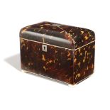 A REGENCY TORTOISESHELL TEA CADDY EARLY 19TH CENTURY of rectangular form, the domed cover with
