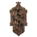 A BLACK FOREST LINDEN WOOD HUNTING TROPHY PLAQUE LATE 19TH CENTURY carved with a deer, pheasant,