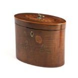A GEORGE III HAREWOOD AND MARQUETRY OVAL TEA CADDY LATE 18TH CENTURY inlaid with a floral spray