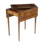 A GEORGE III MAHOGANY PEMBROKE GAMES TABLE LATE 18TH CENTURY inlaid with stringing and burr yew