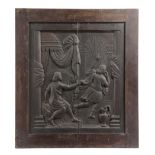 AN OAK PANEL PROBABLY EARLY 19TH CENTURY carved depicting Joseph fleeing Potiphar's wife's advances,