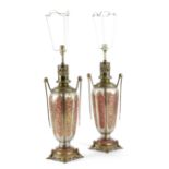 A PAIR OF BOHEMIAN GLASS AND GILT METAL MOUNTED TABLE LAMPS EARLY 20TH CENTURY the pink glass cut