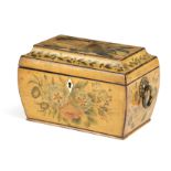 A REGENCY PAINTED SYCAMORE TEA CADDY EARLY 19TH CENTURY of sarcophagus form, painted with sprays