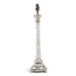 A SILVER PLATED AND FROSTED GLASS TABLE LAMP 20TH CENTURY cast as a composite column with ivy