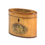 A GEORGE III FRUITWOOD OVAL TEA CADDY LATE 18TH CENTURY the lid and front applied with printed