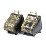 TWO SIMILAR VICTORIAN TOLE COAL SCUTTLES C.1870-80 each with gilt decoration on a black japanned