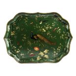 A VICTORIAN GREEN LACQUERED PAPIER-MACHE TRAY BY W BOULTY & SON, LONDON, C.1850 of serpentine