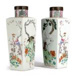 A PAIR OF CHINESE PORCELAIN FAMILLE ROSE VASES 19TH CENTURY of tapering square section painted