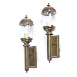 A PAIR OF BRASS STORM STYLE WALL LIGHTS MODERN each with a glass shade and a pierced lid (2) 29.