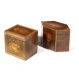 A GEORGE III WALNUT AND INLAID HEXAGONAL TEA CADDY C.1800 inlaid with a shell and fan motifs to