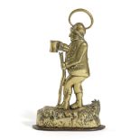 A VICTORIAN BRASS TOPER DOORSTOP LATE 19TH CENTURY cast as a man holding a stick and a tankard, on a