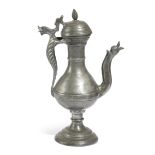 A NORTH EUROPEAN PEWTER EWER POSSIBLY GERMAN, C.1500 the baluster body with a dragon type handle and