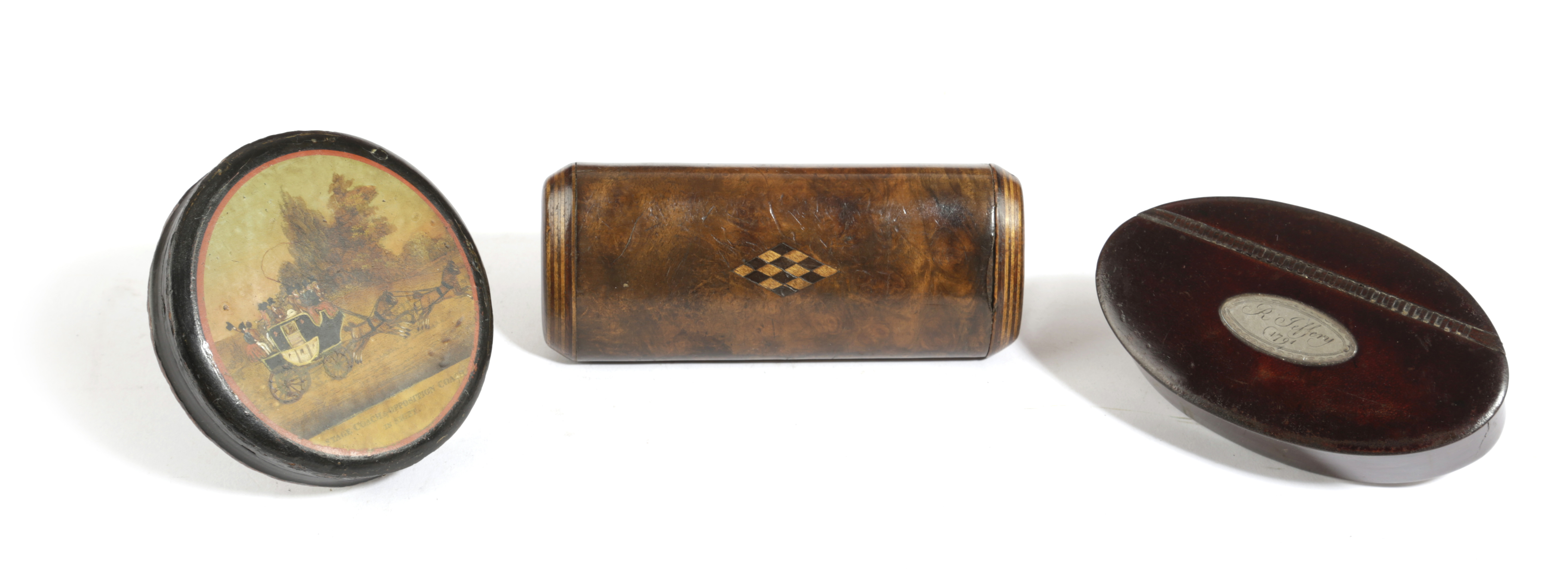 A GEORGE III LACQUERED WOOD SNUFF BOX DATED '1791' of navette shape, the hinged lid with a silver