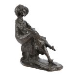 AN ITALIAN BRONZE OF A SEATED LADY MID-20TH CENTURY wearing a large bonnet and seated with her