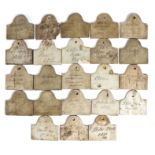 A COLLECTION OF TWENTY-THREE WOOD BIN LABELS MID-19TH CENTURY each with a painted inscription giving