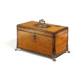 A GEORGE III SATINWOOD AND SILVER MOUNTED TEA CHEST LATE 18TH CENTURY with crossbanding, the cover