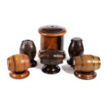 FIVE TREEN STRING BARRELS 19TH CENTURY in various woods, including: lignum vitae, walnut and