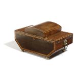 A REGENCY ROSEWOOD AND EXOTIC HARDWOOD ARK SHAPED WORKBOX EARLY 19TH CENTURY with dog tooth banding,