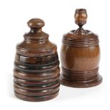 A TREEN TOBACCO JAR AND COVER 18TH CENTURY of turned beehive shape, together with a Regency mahogany