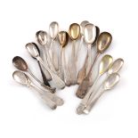 A collection of antique silver mustard spoons, various dates and makers, comprising: a William IV