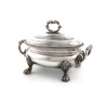 A George III silver sauce tureen and cover, by Thomas Robins, London 1814, oval form, on four paw