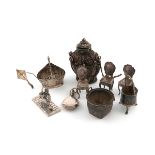 A mixed lot of silver and metalware items, comprising: a miniature of a boy running with a kite,