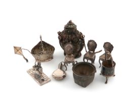 A mixed lot of silver and metalware items, comprising: a miniature of a boy running with a kite,