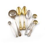 A small collection of silver flatware, comprising: a matched pair of George IV silver-gilt dessert