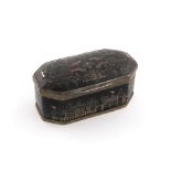 An 18th century silver-mounted and lacquer snuff box, rectangular panelled form, the hinged cover