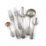 A collection of antique silver Fiddle pattern flatware, various dates and makers, including J and