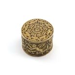 A late 17th century silver-gilt counter box, unmarked, circa 1690, circular form, the pull-off cover