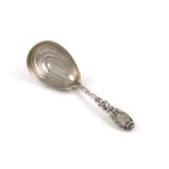 A late 19th century American Chrysanthemum pattern silver caddy spoon, by Tiffany and Co., markd
