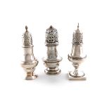 A small collection of three antique silver casters, comprising: a George II one, possibly by