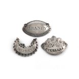 Three antique silver wine labels, comprising: a George III label by William Abdy, London circa 1780,