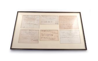 A collection of six framed late 18th and early 19th century receipts relating to silver,