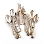 A mixed lot of silver flatware, various patterns, dates and makers, including: a set of three